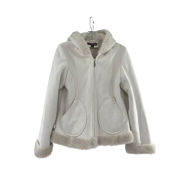 Mudd Womens White Faux Suede Hooded Jacket Faux Fur Trim & Zip Closure Medium - Picture 1 of 9